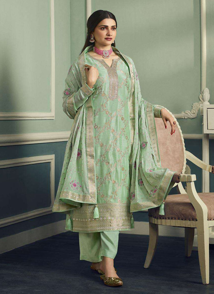 Prachi Desai Pista Green Viscose Jacquard Pant Kameez Suit