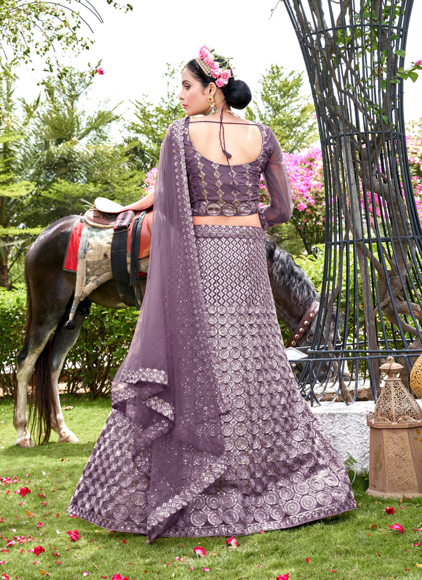 Mauve Net Embroidered Lehenga Choli