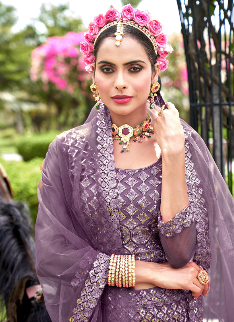 Mauve Net Embroidered Lehenga Choli