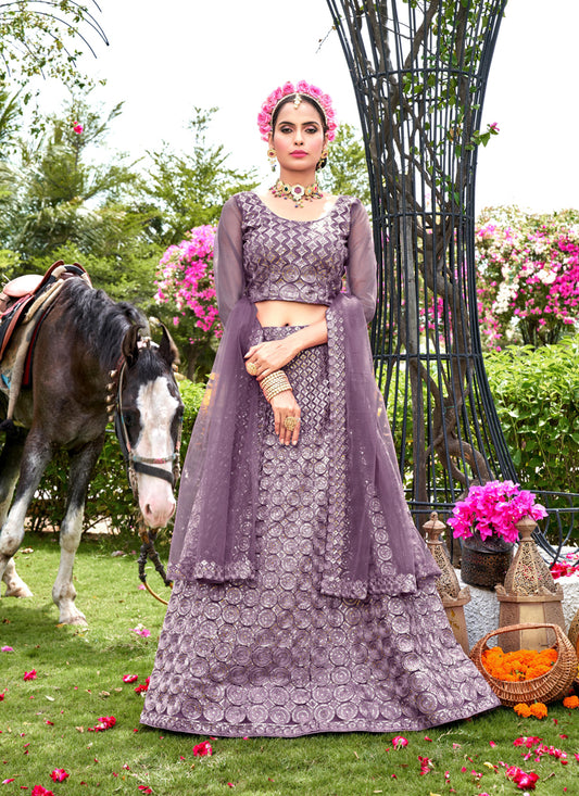 Mauve Net Embroidered Lehenga Choli