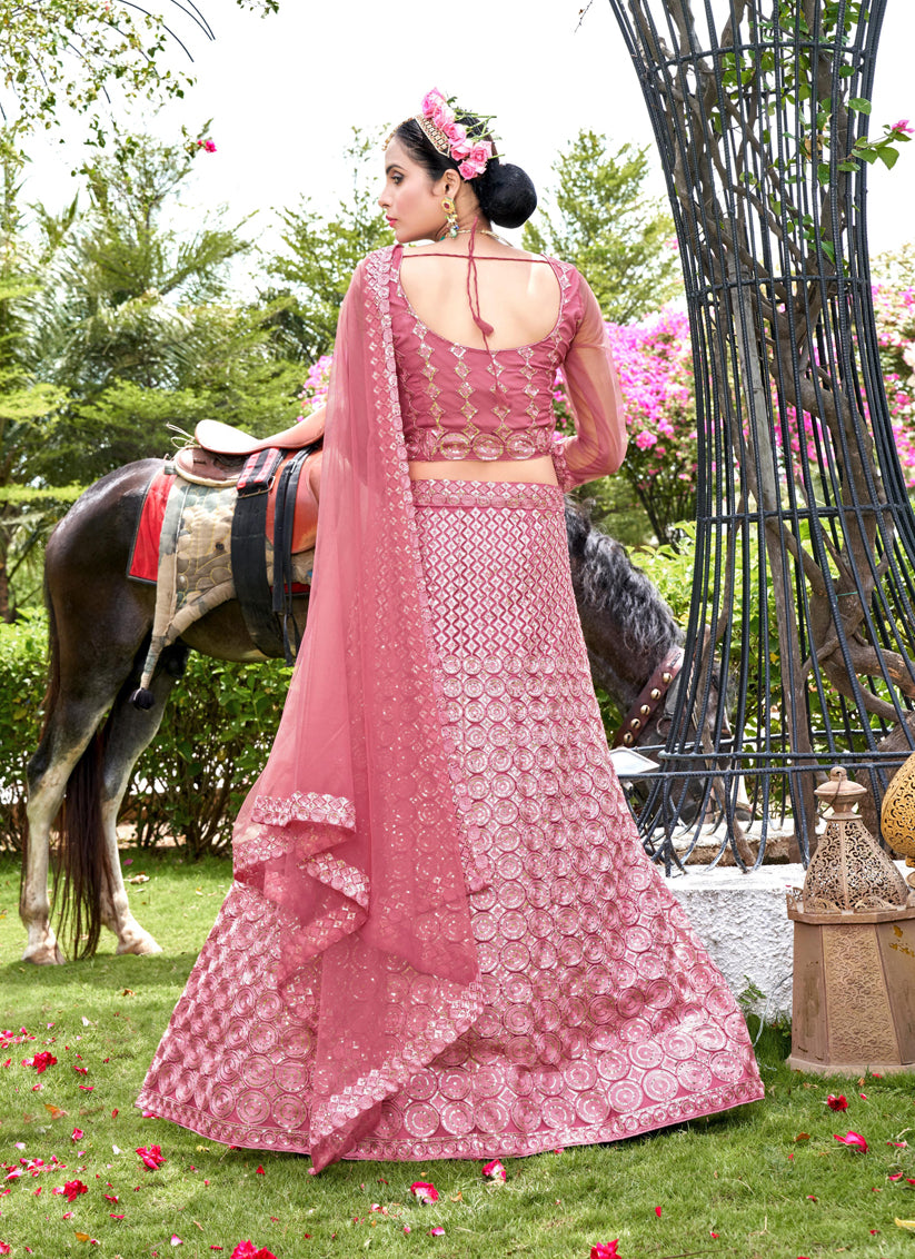 Carnation Pink Net Embroidered Lehenga Choli