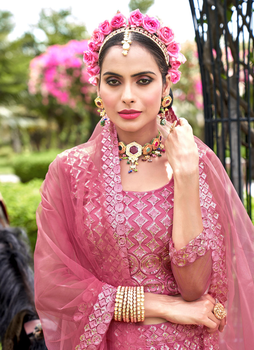 Carnation Pink Net Embroidered Lehenga Choli