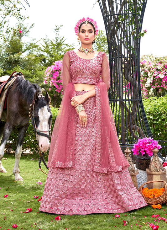 Carnation Pink Net Embroidered Lehenga Choli