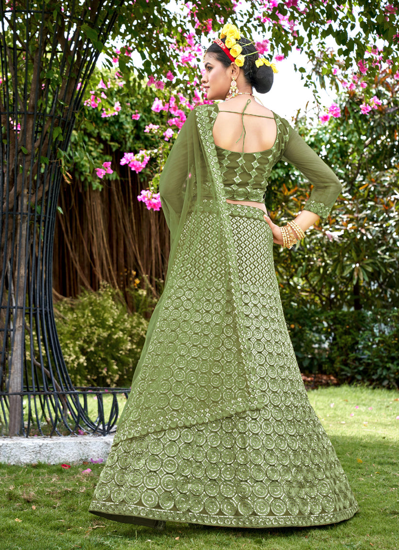 Pear Green Net Embroidered Lehenga Choli