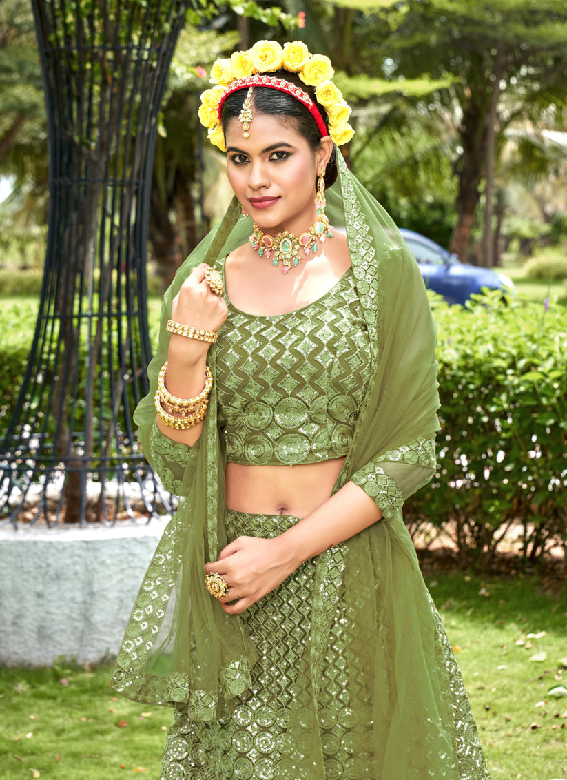 Pear Green Net Embroidered Lehenga Choli