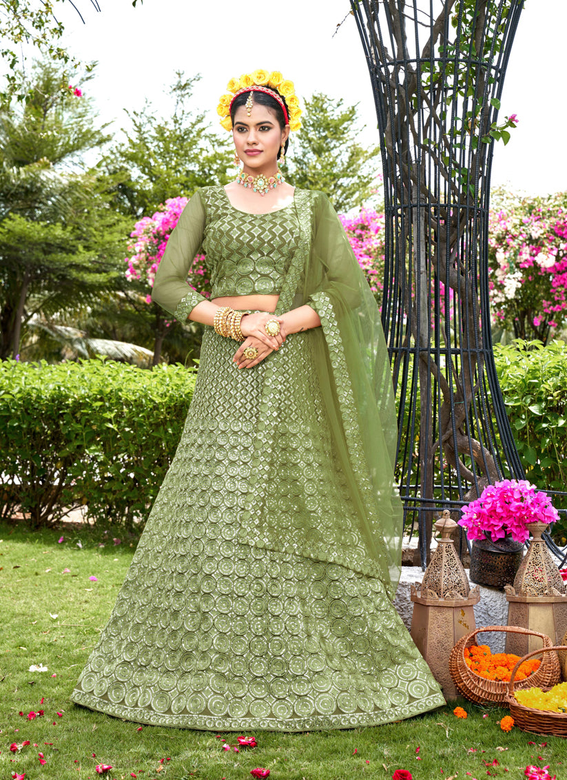 Pear Green Net Embroidered Lehenga Choli