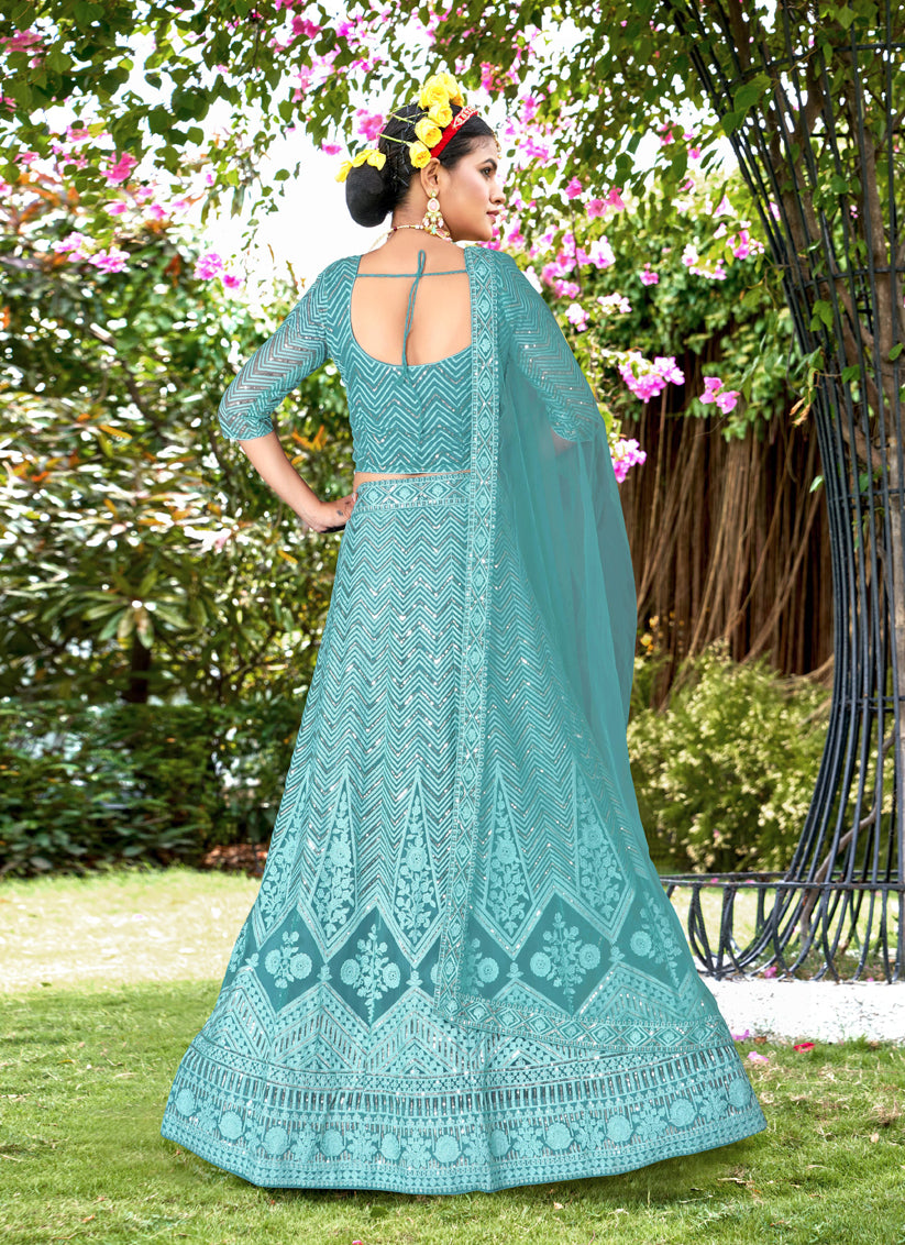 Sky Blue Net Designer Lehenga Choli Set