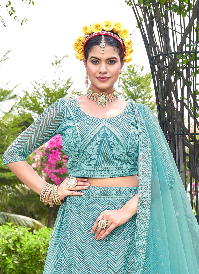 Sky Blue Net Designer Lehenga Choli Set