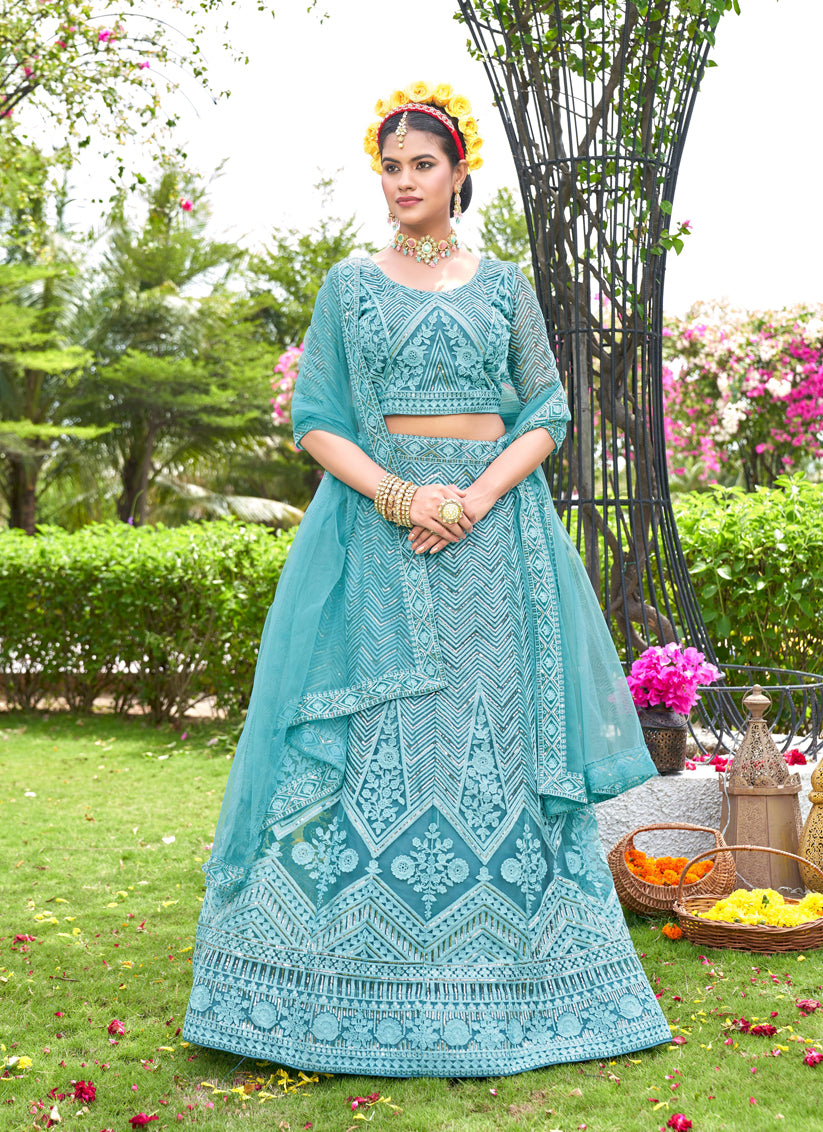 Sky Blue Net Designer Lehenga Choli Set