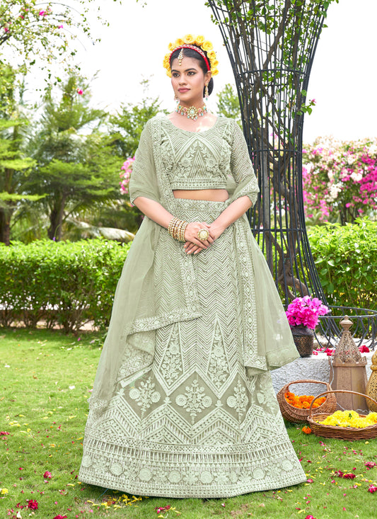 Pastel Green Net Designer Lehenga Choli Set