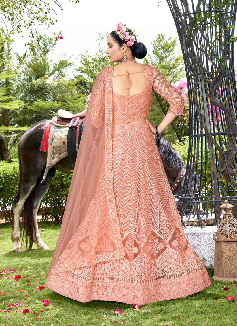 Peach Net Designer Lehenga Choli Set