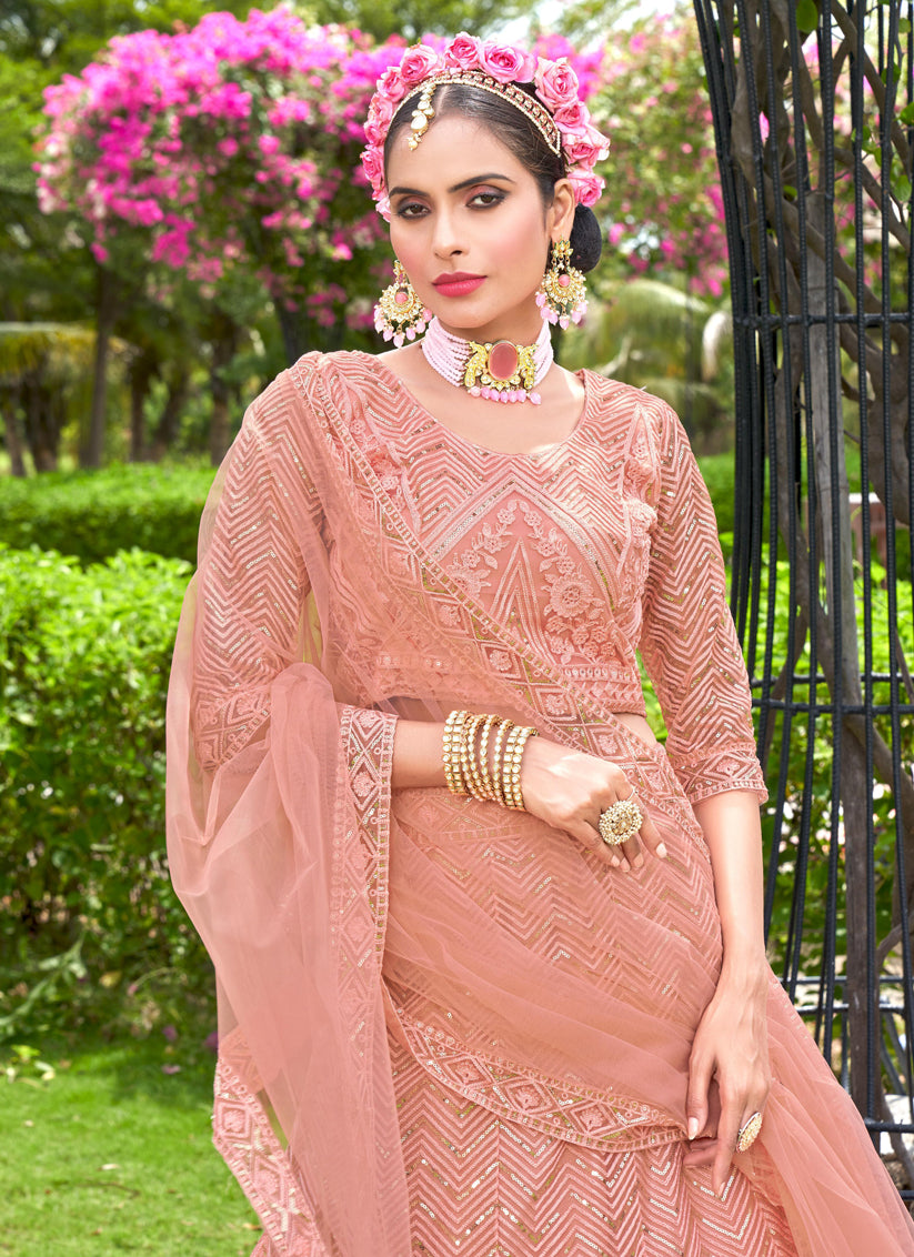 Peach Net Designer Lehenga Choli Set