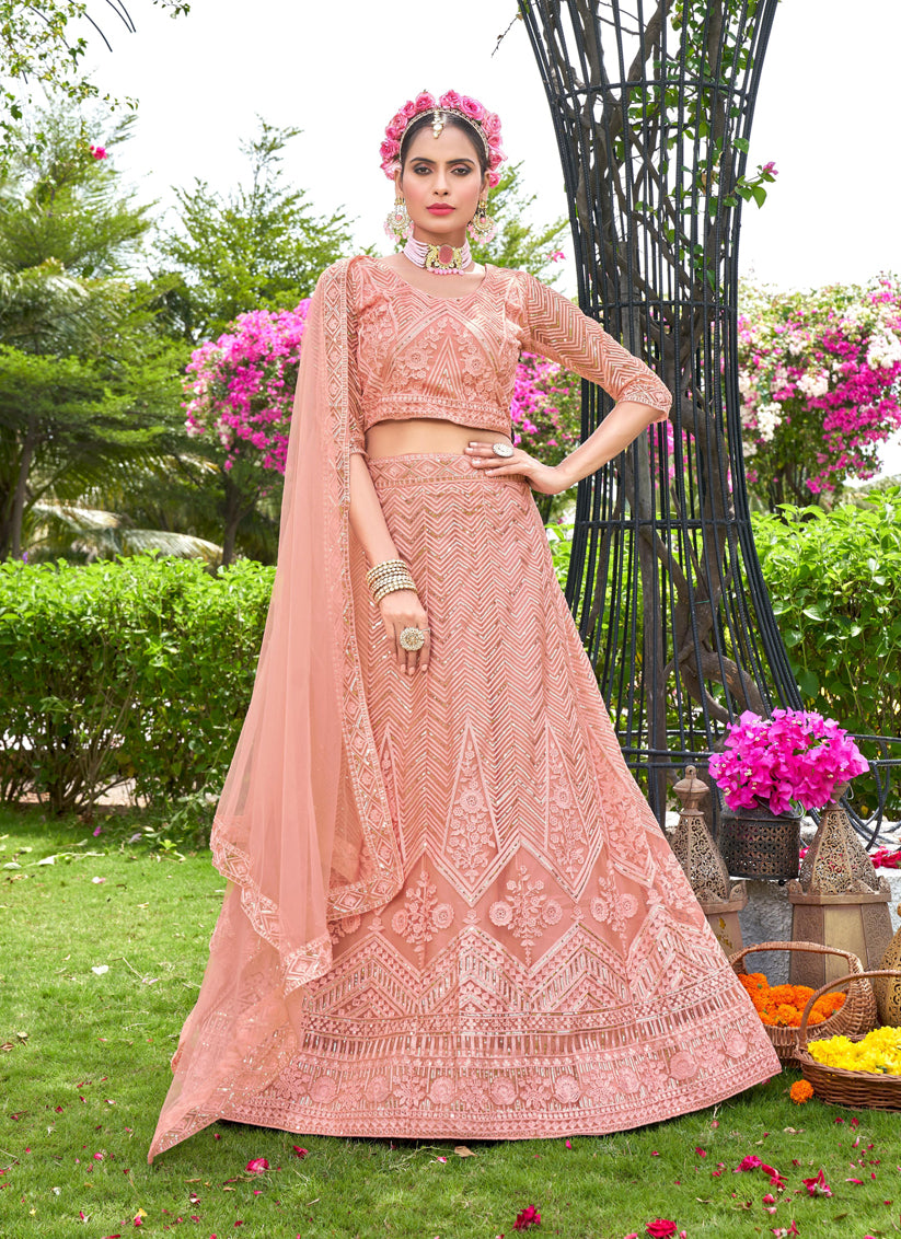 Peach Net Designer Lehenga Choli Set