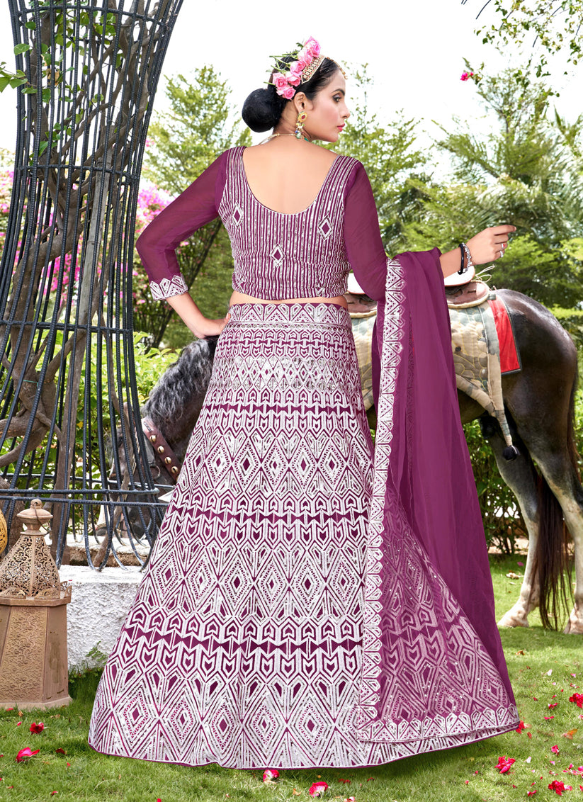 Wine Net Embroidered Designer Lehenga Choli