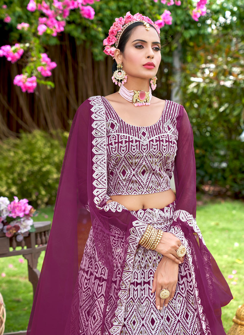 Wine Net Embroidered Designer Lehenga Choli