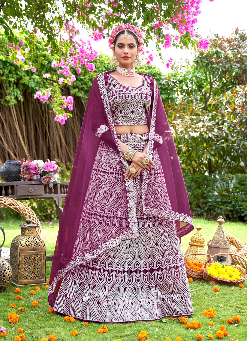 Wine Net Embroidered Designer Lehenga Choli