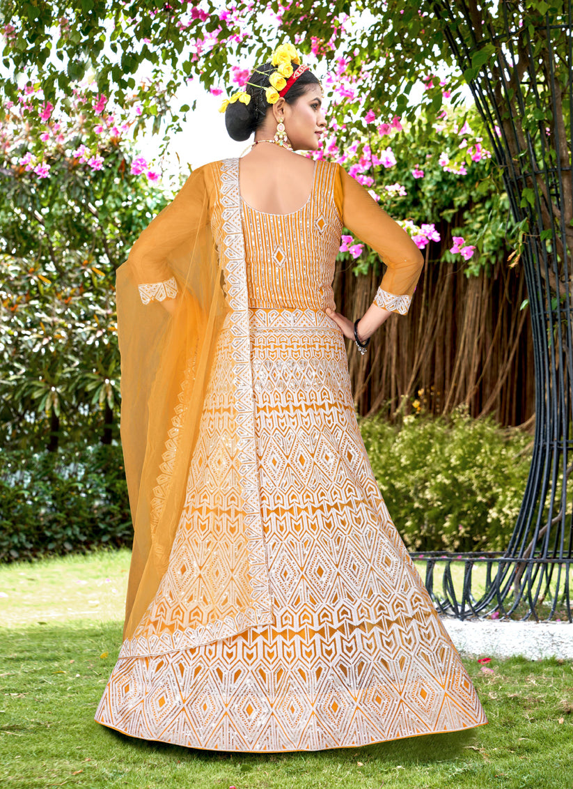 Corn Yellow Net Embroidered Designer Lehenga Choli