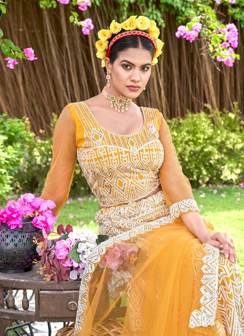 Corn Yellow Net Embroidered Designer Lehenga Choli