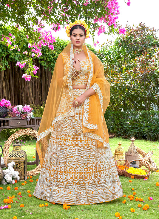 Corn Yellow Net Embroidered Designer Lehenga Choli