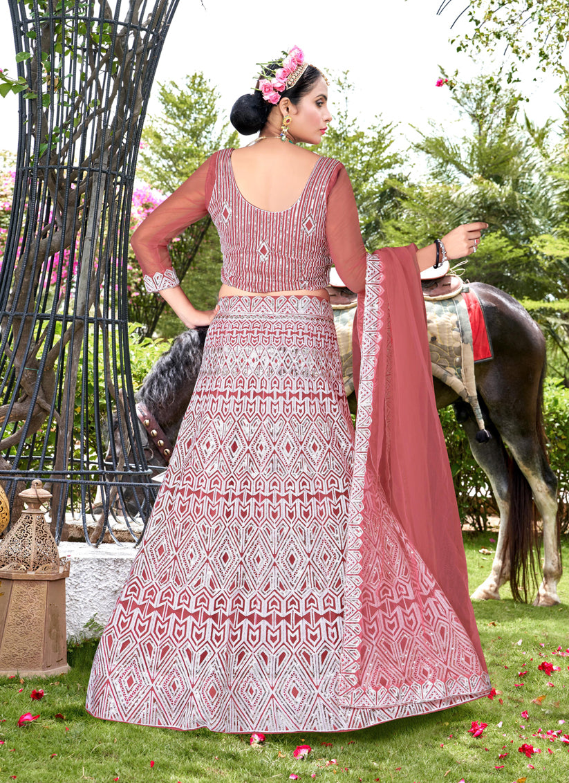 Old Rose Net Embroidered Designer Lehenga Choli