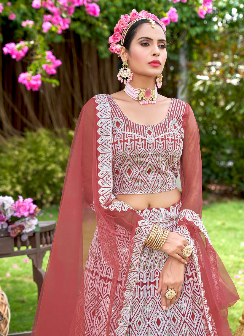 Old Rose Net Embroidered Designer Lehenga Choli