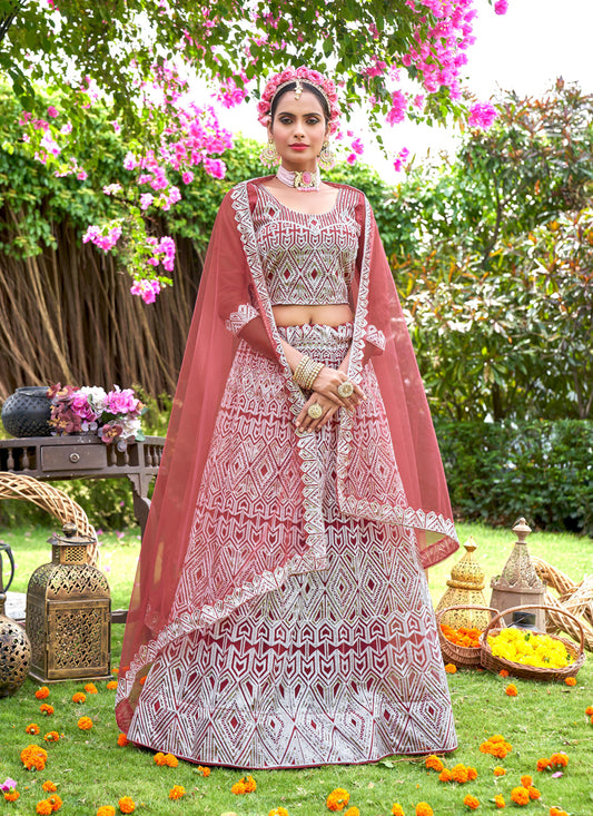 Old Rose Net Embroidered Designer Lehenga Choli