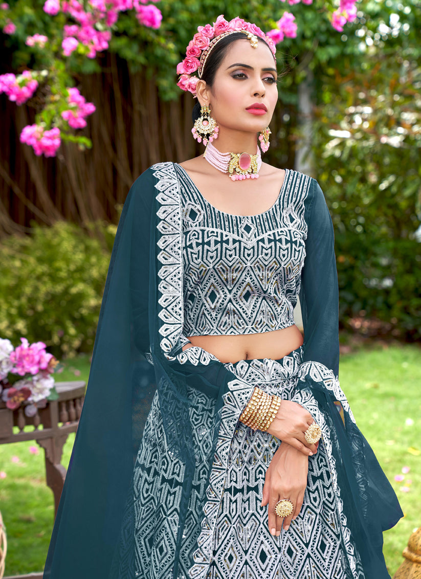 Peacock Blue Net Embroidered Designer Lehenga Choli