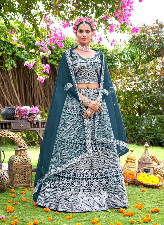 Peacock Blue Net Embroidered Designer Lehenga Choli