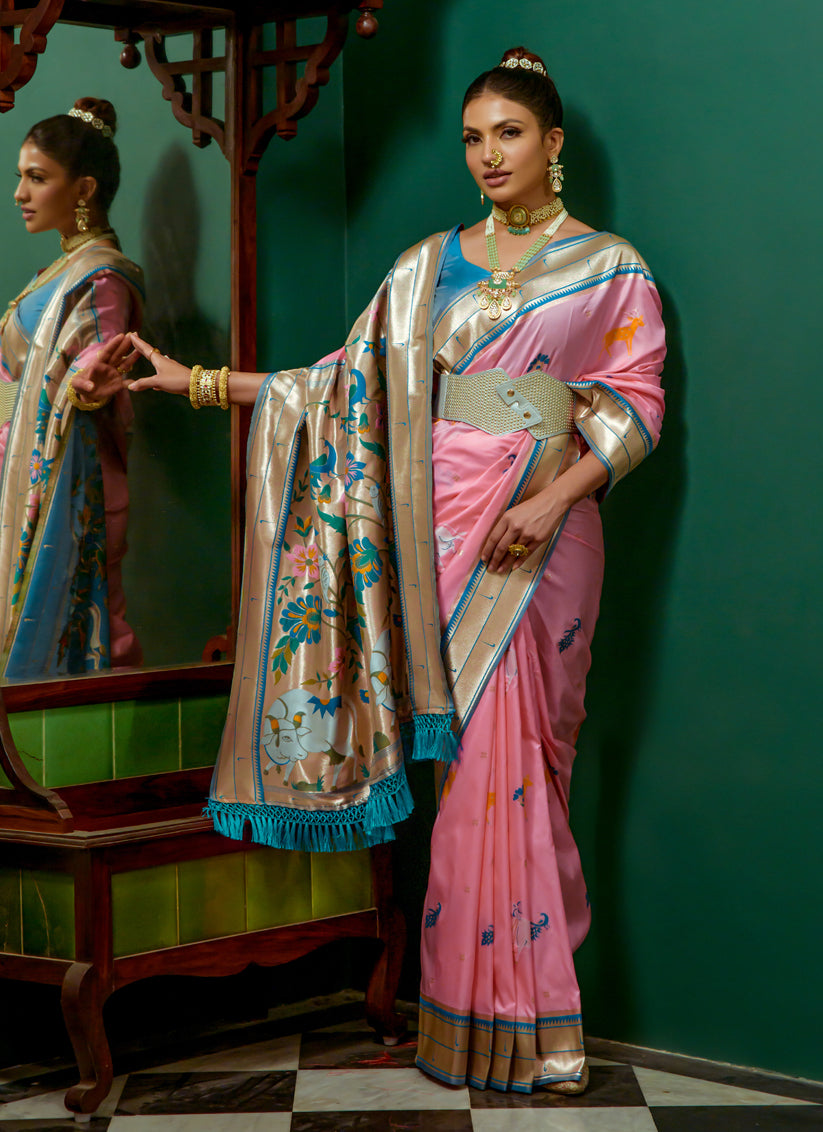 Baby Pink Paithani Silk Zari Woven Saree