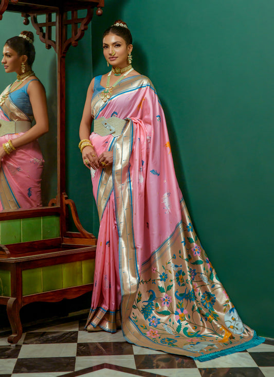 Baby Pink Paithani Silk Zari Woven Saree