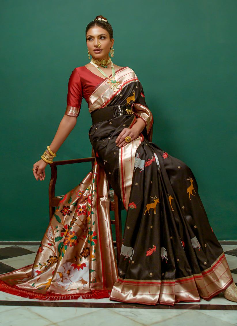 Black Paithani Silk Zari Woven Saree