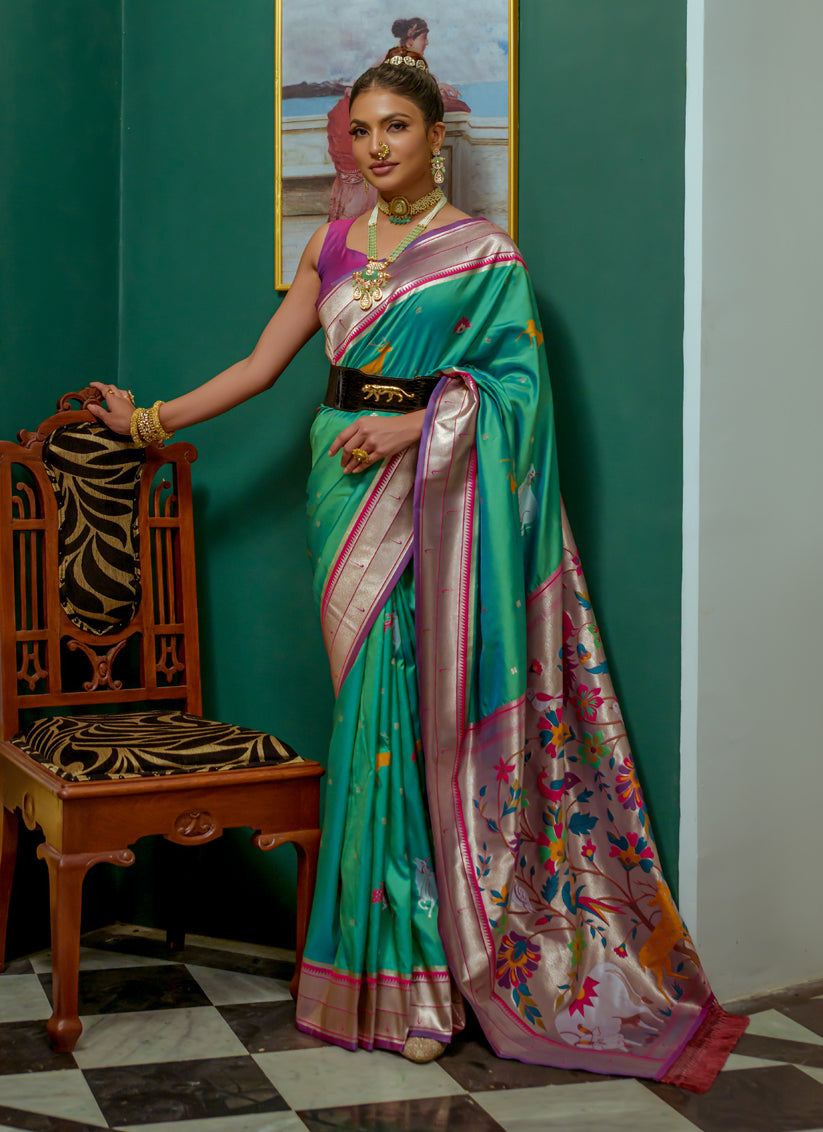 Sea Green Paithani Silk Zari Woven Saree