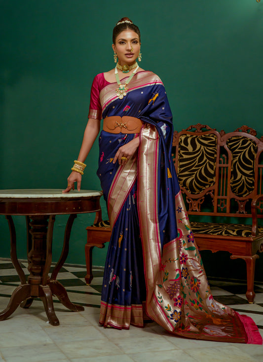 Navy Blue Paithani Silk Zari Woven Saree