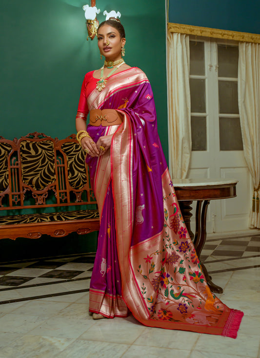 Purple Paithani Silk Zari Woven Saree