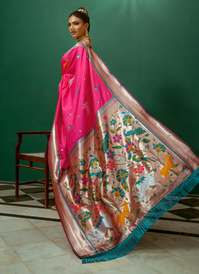 Rani Pink Paithani Silk Zari Woven Saree