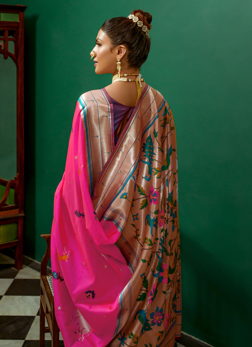 Rani Pink Paithani Silk Zari Woven Saree