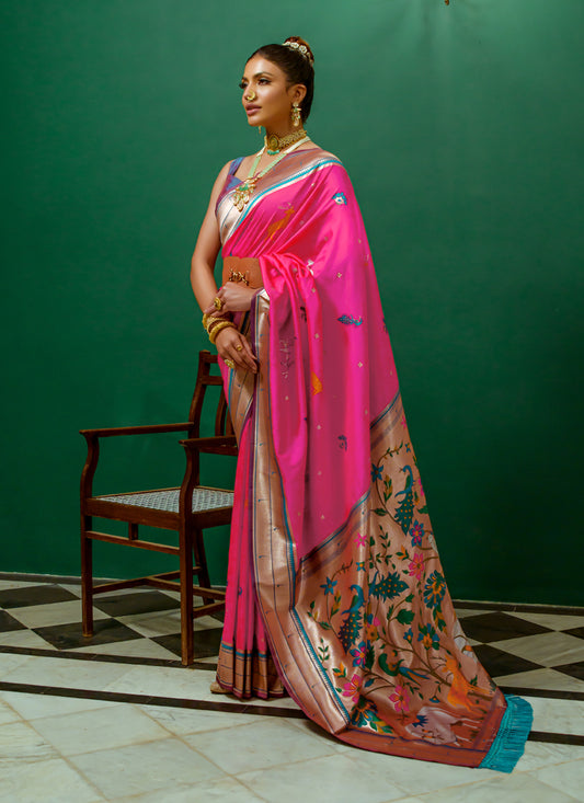 Rani Pink Paithani Silk Zari Woven Saree