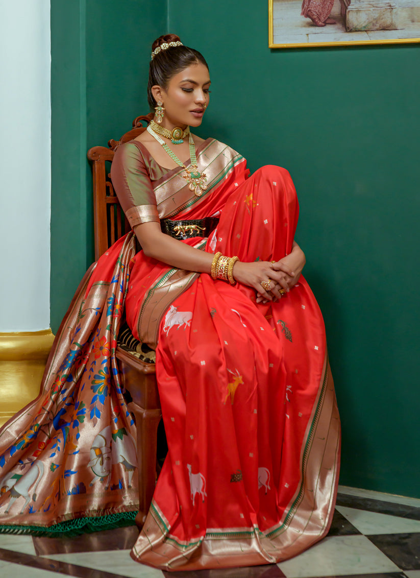 Red Paithani Silk Zari Woven Saree