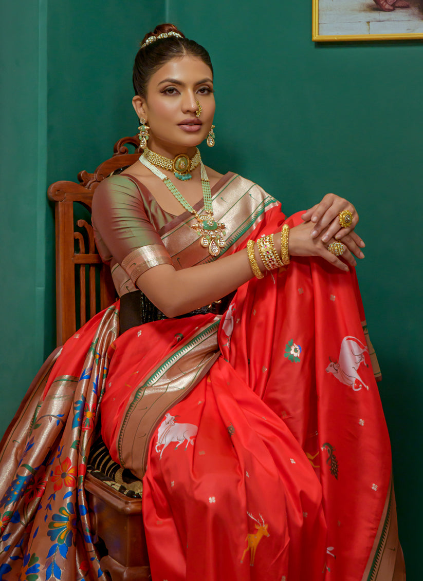 Red Paithani Silk Zari Woven Saree