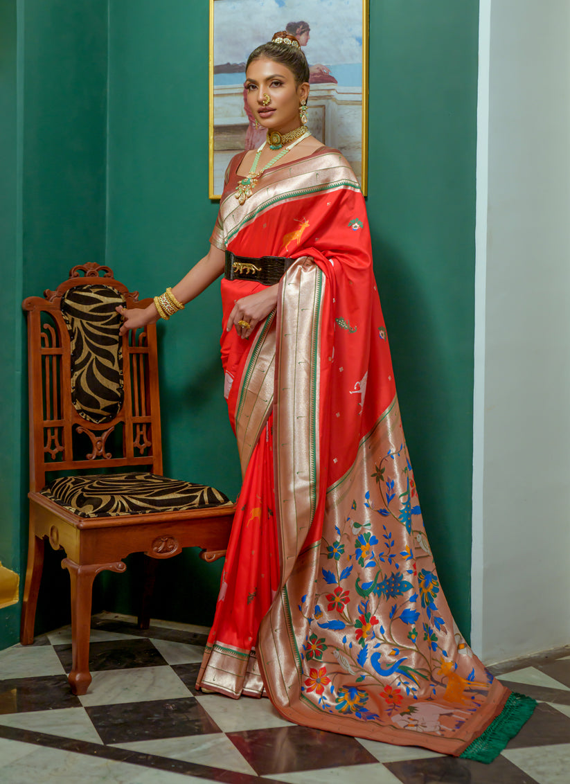 Red Paithani Silk Zari Woven Saree