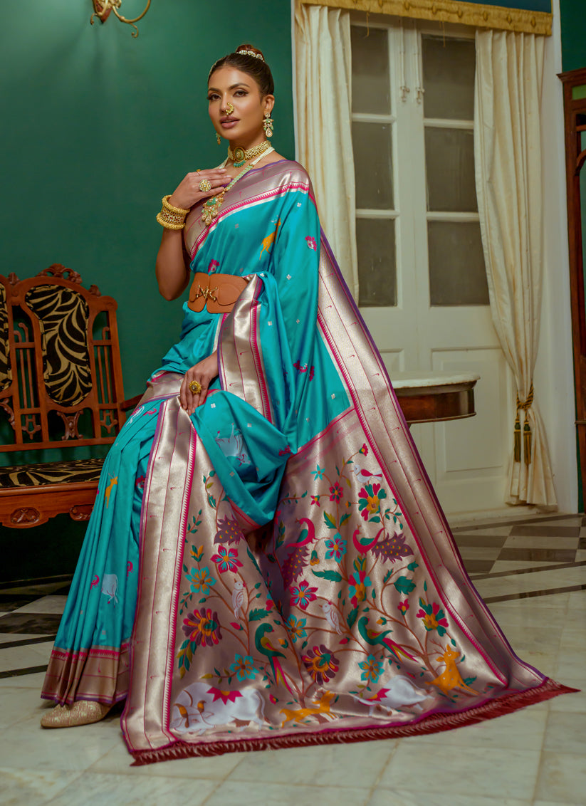 Teal Blue Paithani Silk Zari Woven Saree