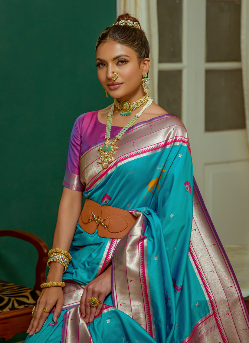 Teal Blue Paithani Silk Zari Woven Saree