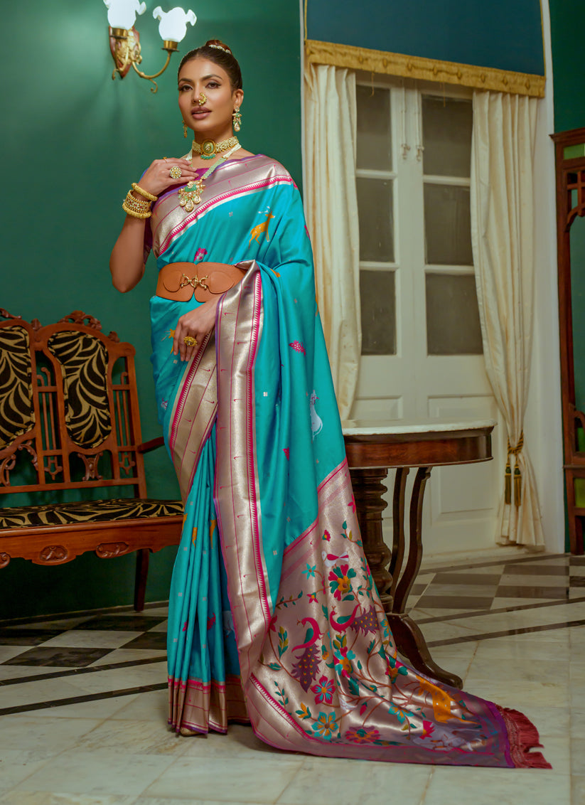 Teal Blue Paithani Silk Zari Woven Saree