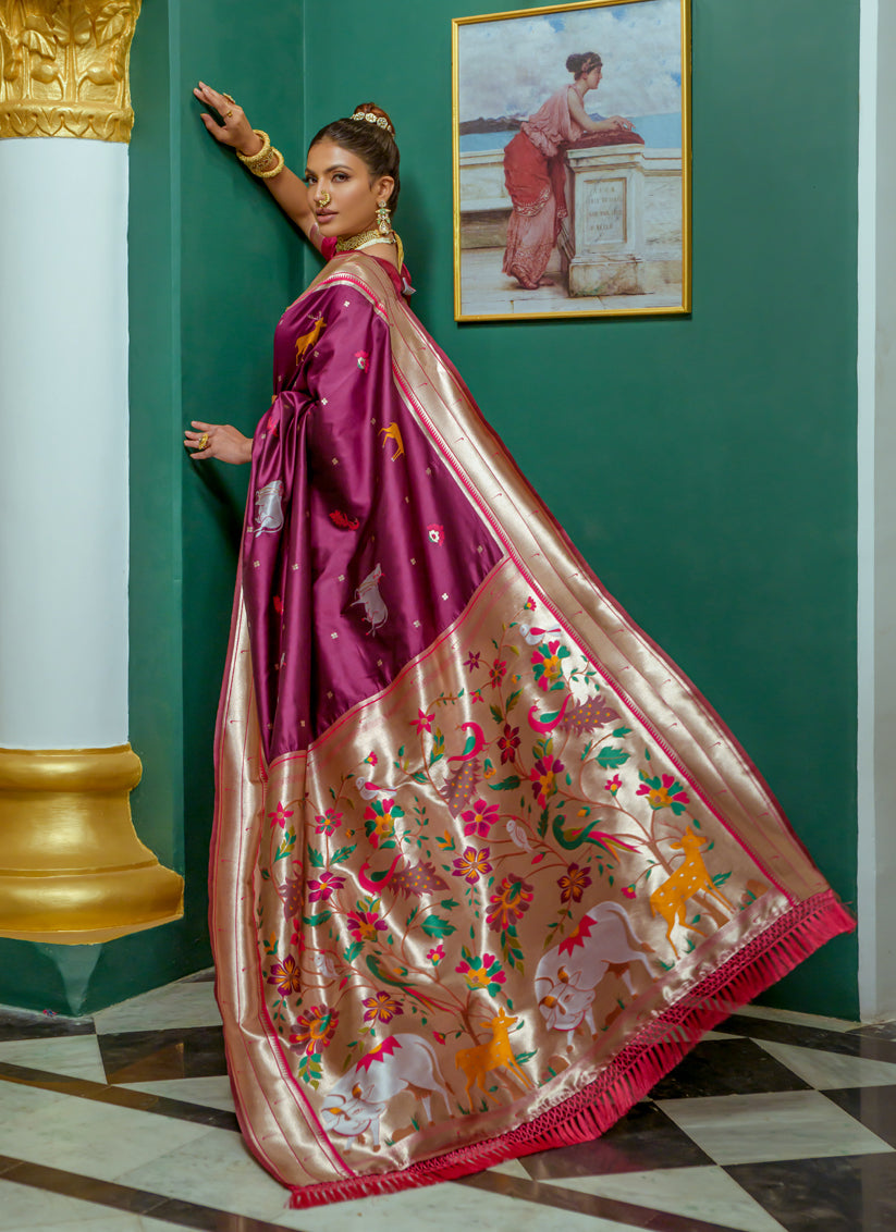 Wine Paithani Silk Zari Woven Saree