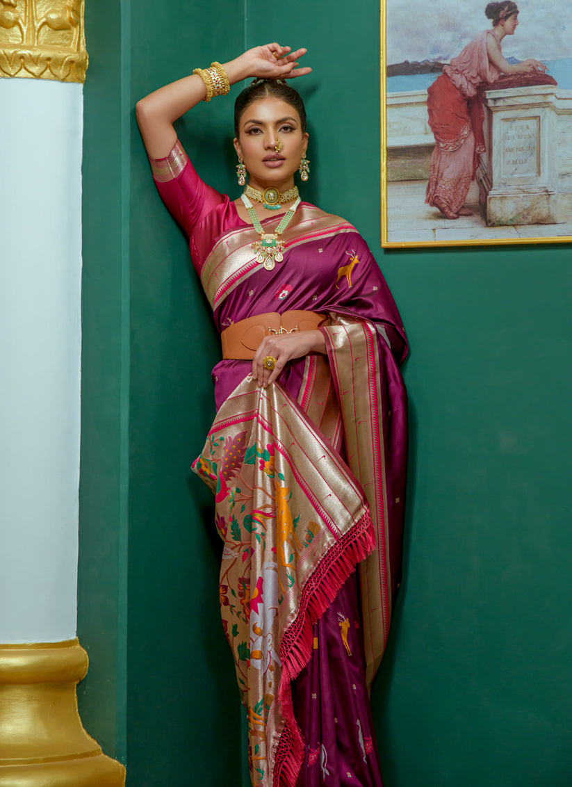 Wine Paithani Silk Zari Woven Saree