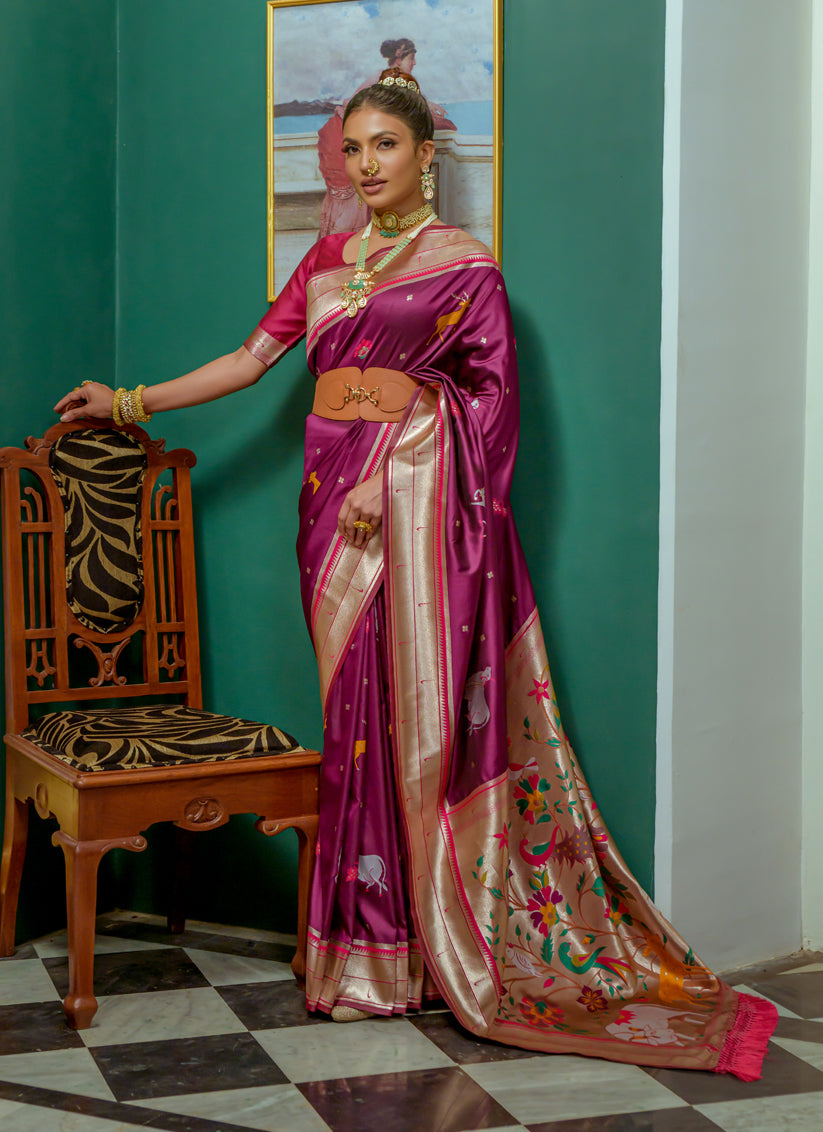 Wine Paithani Silk Zari Woven Saree