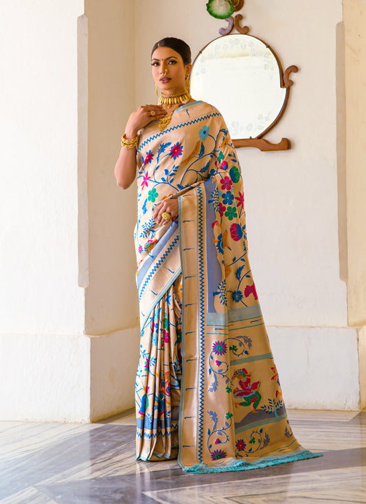 Beige Paithani Silk Zari Woven Saree