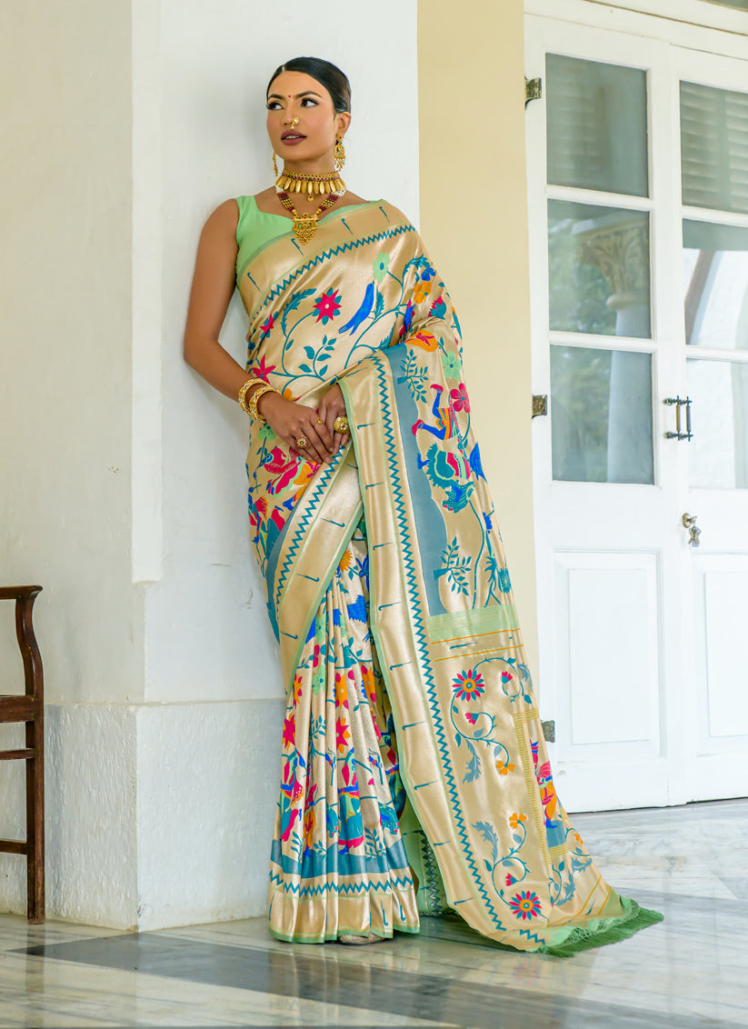 Beige Paithani Silk Zari Woven Saree