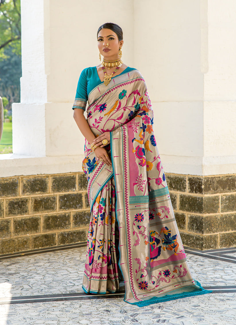 Grey Paithani Silk Zari Woven Saree