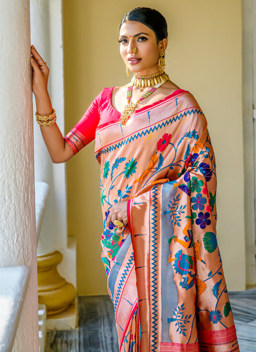 Rose Gold Paithani Silk Zari Woven Saree